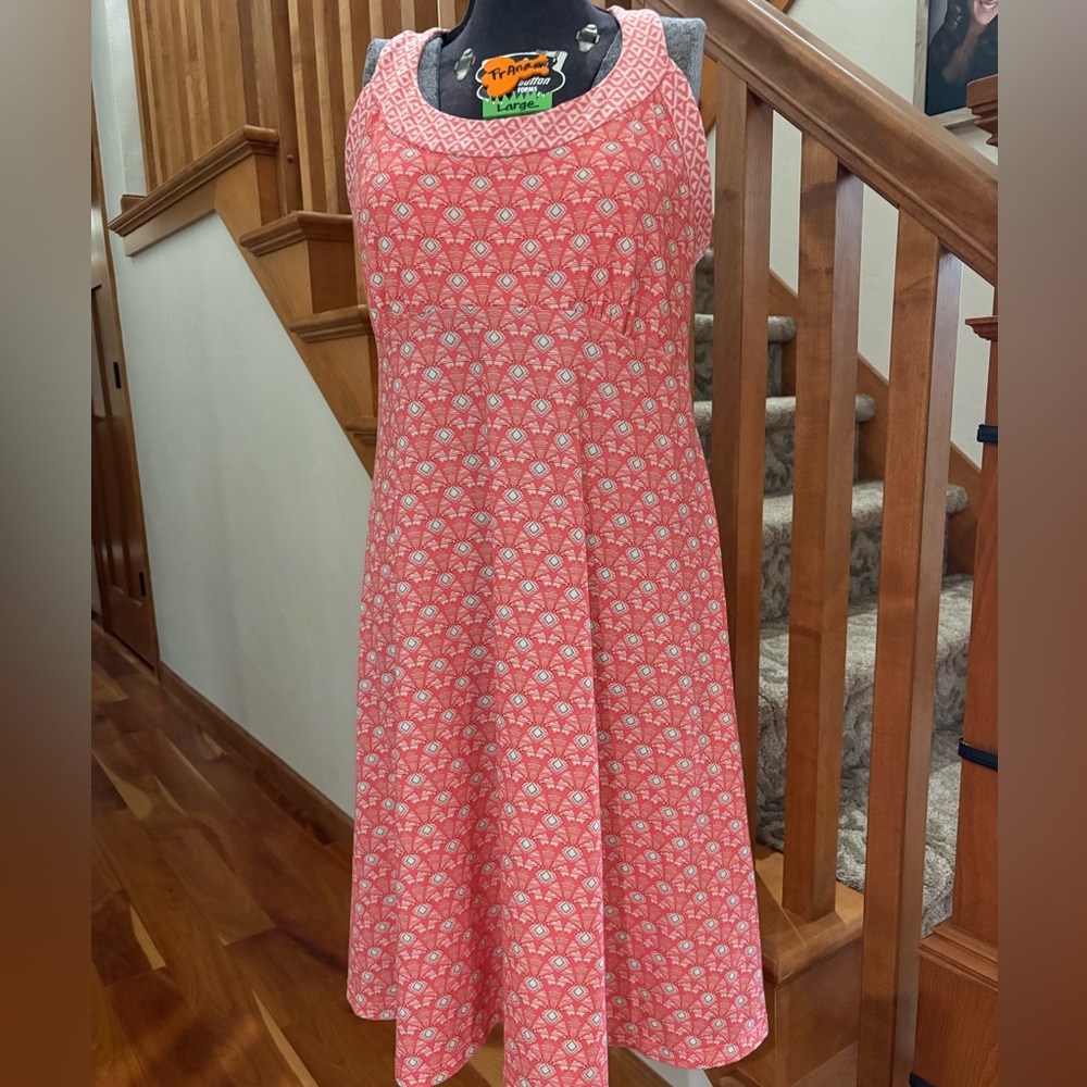 Prana Orange Coral Printed Sleeveless Stretch Midi Dress Size Large Like NEW